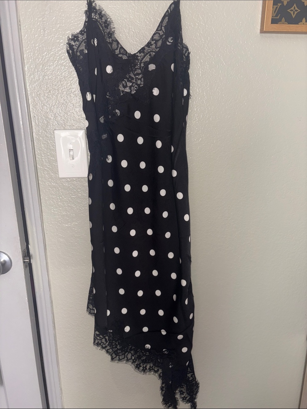 Black Polka Dot Asymmetrical Slip Dress with Lace Trim